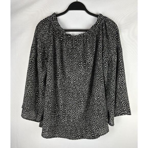 Michael Kors Animal Print Top Women’s Size XL Black White Flowy Tassel Peasant - Picture 2 of 6